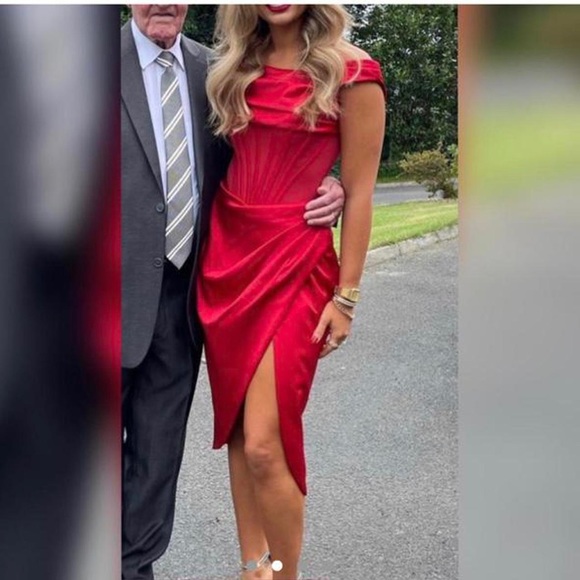 House of CB Lulu red dress- Red asymmetric draped corset midi satin dress - Picture 4 of 13